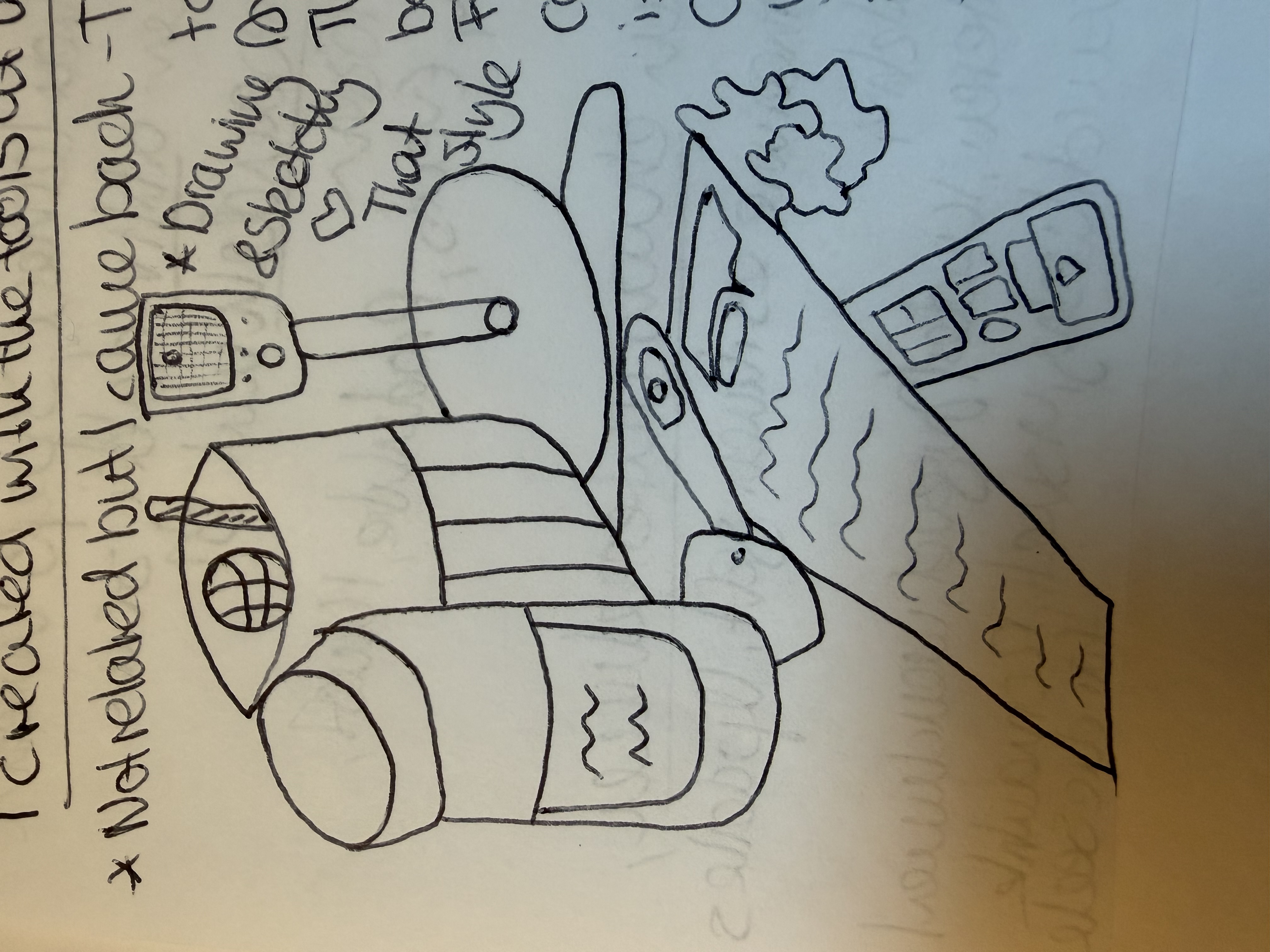2D black ink sketch of a desk organizer, microphone, and a hand holding a smartphone over a document