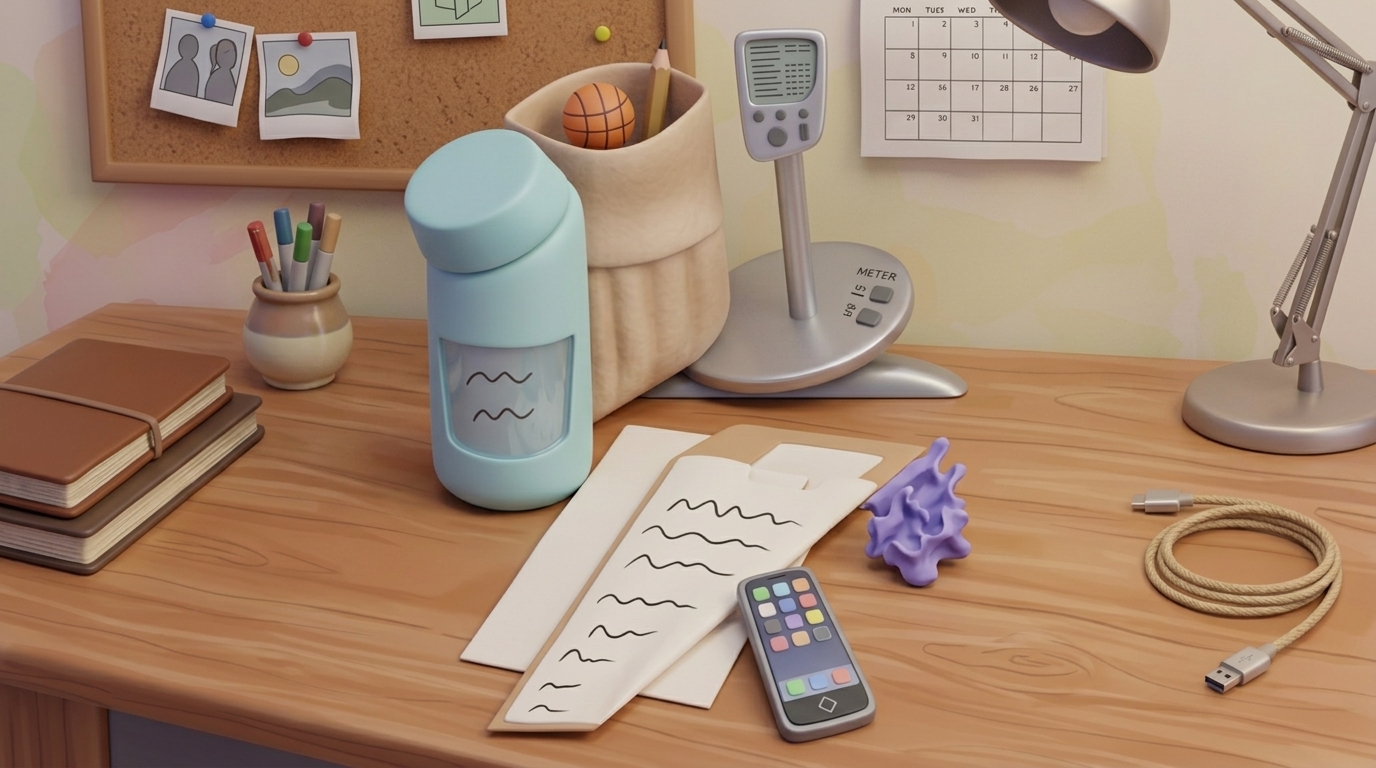 Cartoon-style desk with drawing tools, notebooks, a smartphone, and papers with stylized sketches