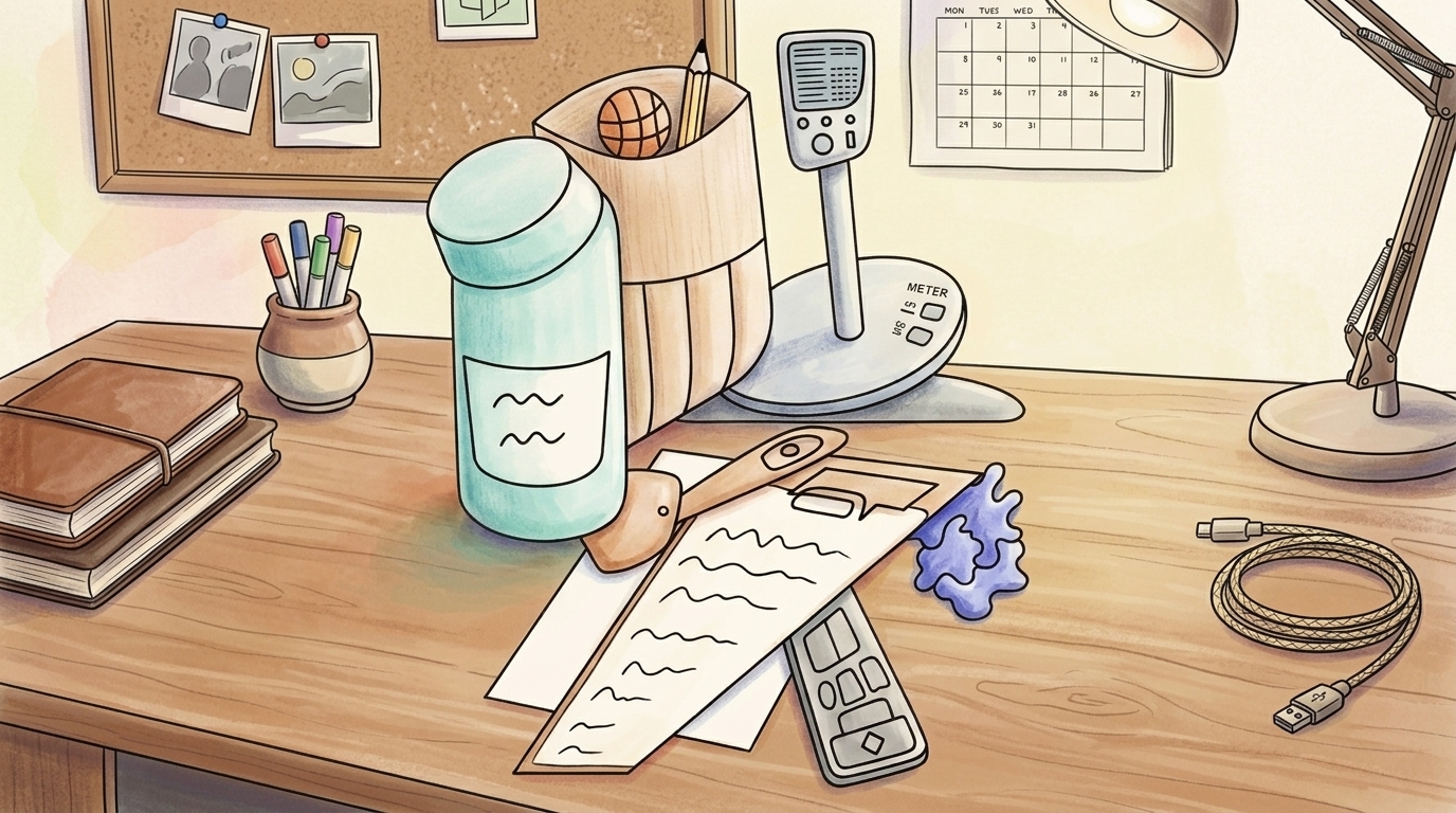 An artist's desk filled with drawing supplies, books, papers with sketches, and technology for digitalization
