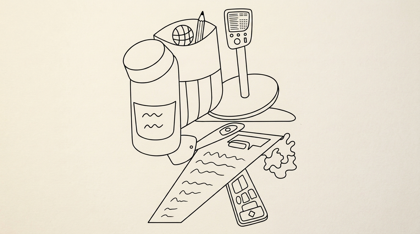 A 2D line sketch of desk items including a bottle, pen, microphone, paper, and a smartphone
