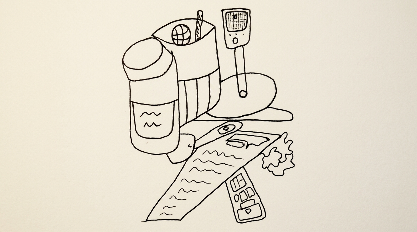 A sketch of a workspace with a microphone, paper, smartphone, and art supplies