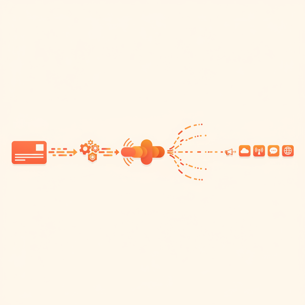 Content enters an engine, is amplified, and sent to podcast, cloud, social media, and global distribution
