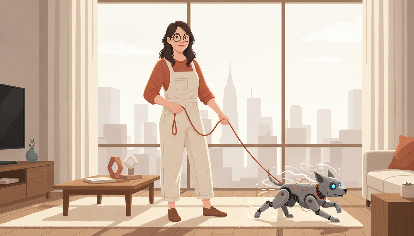 Woman struggles to control an eager robotic dog on a leash in a modern apartment with city views