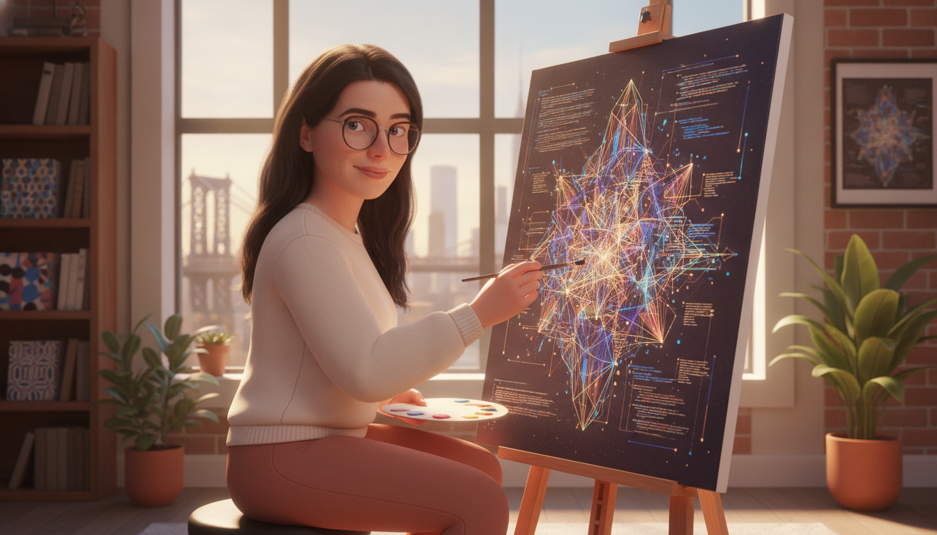 Smiling woman paints a glowing, intricate code network on canvas, illustrating the inherent beauty of code