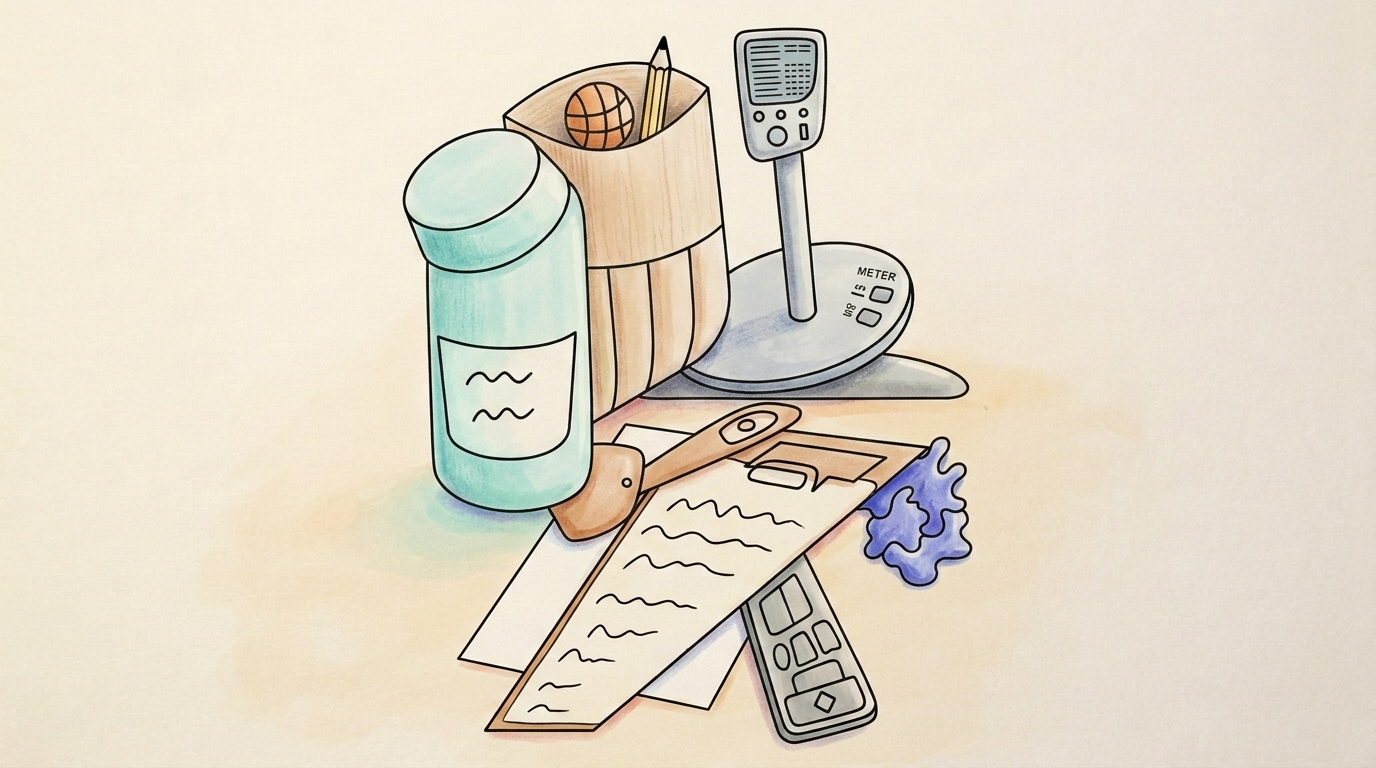 A vibrant watercolor sketch of drawing tools, paper with wavy lines, a paint bottle, and tech devices