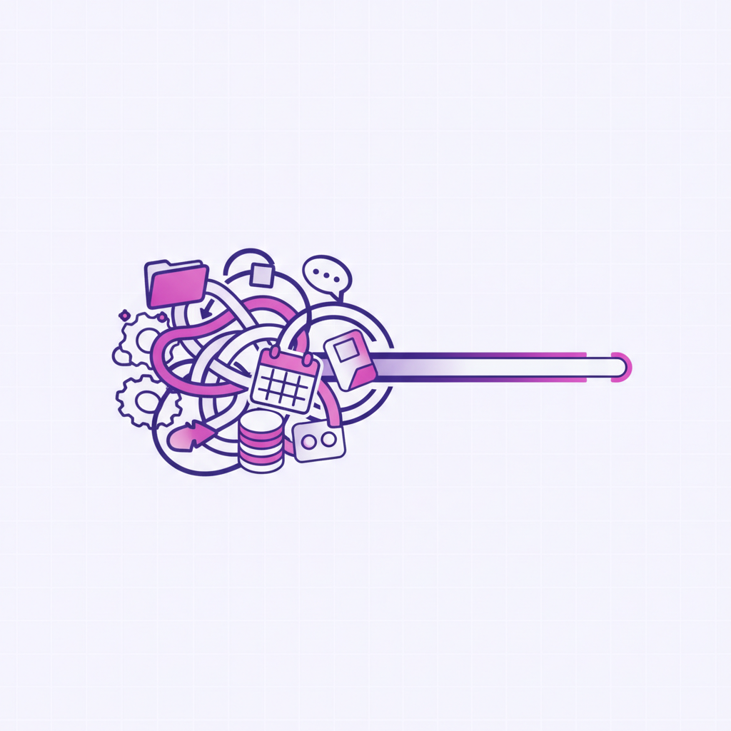 Stylized illustration of a complex digital workflow with various icons merging into a progress bar
