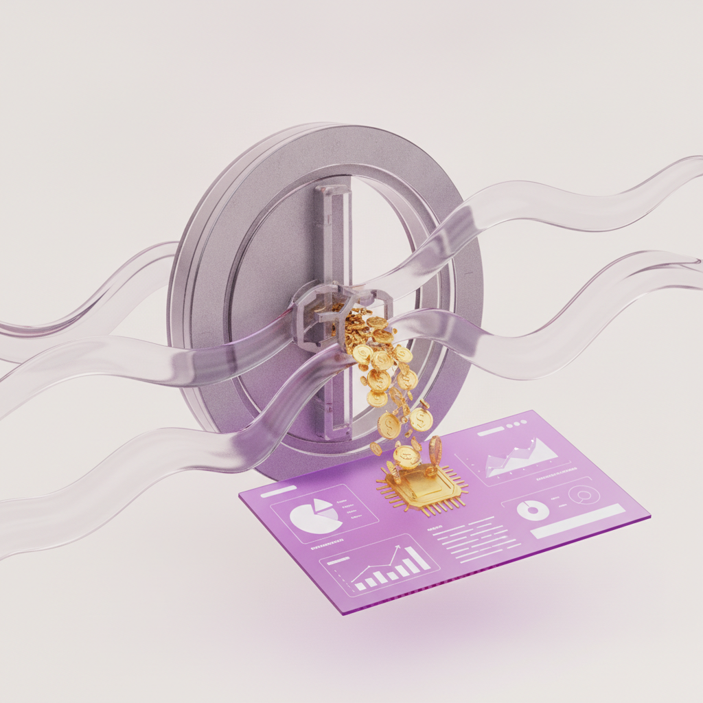 Aktivierte Daten fließen als Goldmünzen aus einem Datensilo auf ein Display mit Analysen und einem goldenen Chip