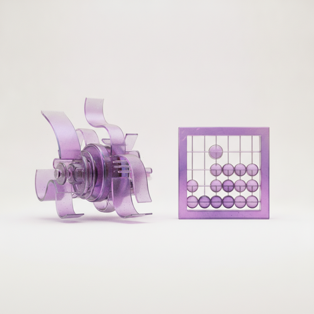 A complex purple turbine beside a simpler grid puzzle showing a structured pattern of translucent spheres