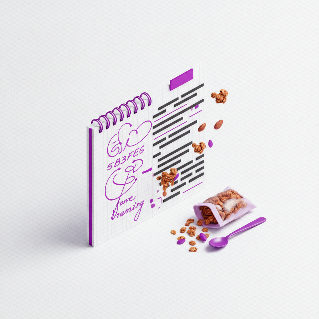 Isometric illustration of granola spilling from a spiral notebook with purple accents, next to a bag and spoon