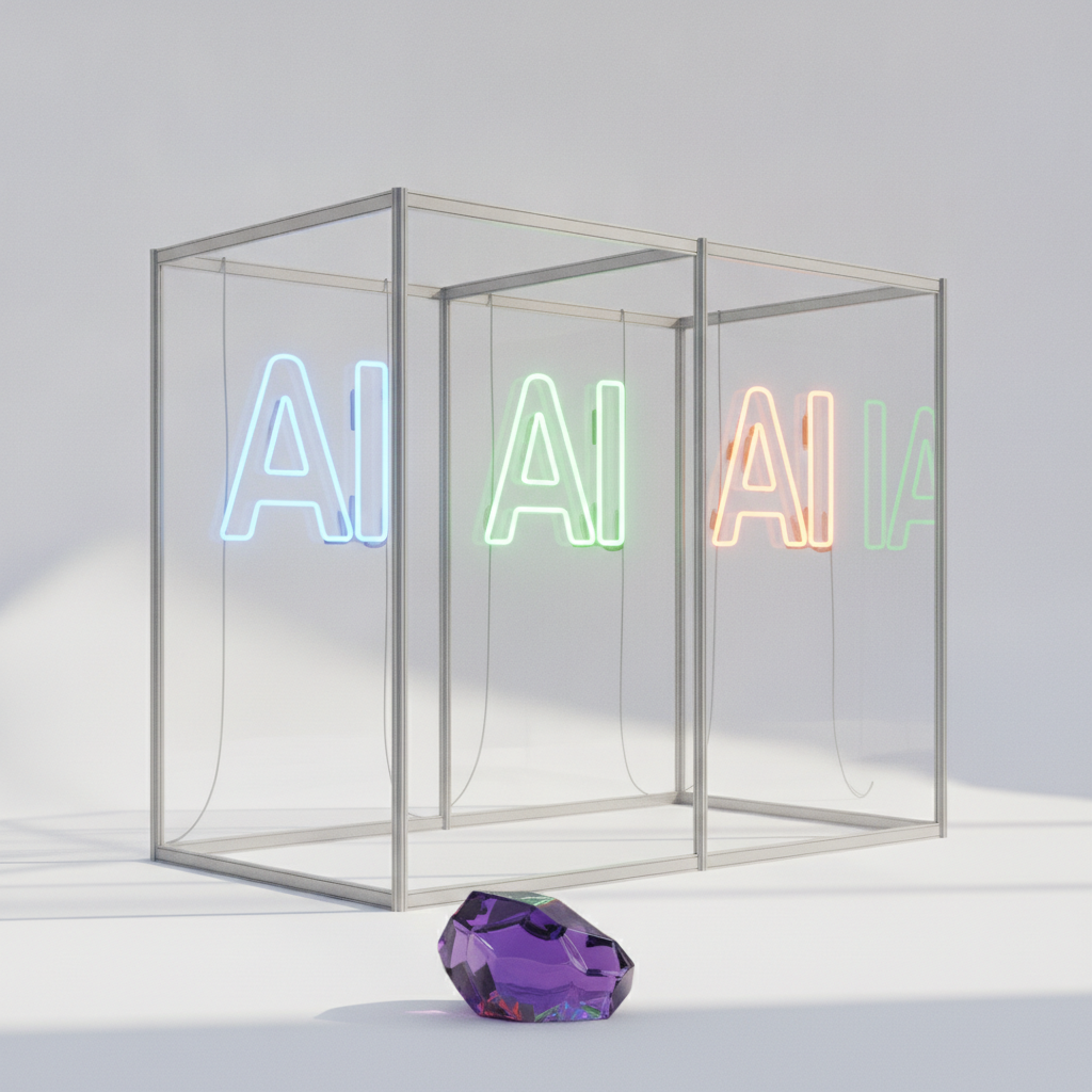 Empty expo booths with colorful neon AI signs and a large purple crystal
