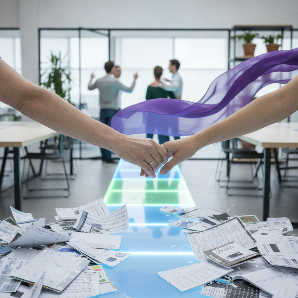 Hands reach over admin papers towards a digital path, with a purple fabric connecting them to interacting people.