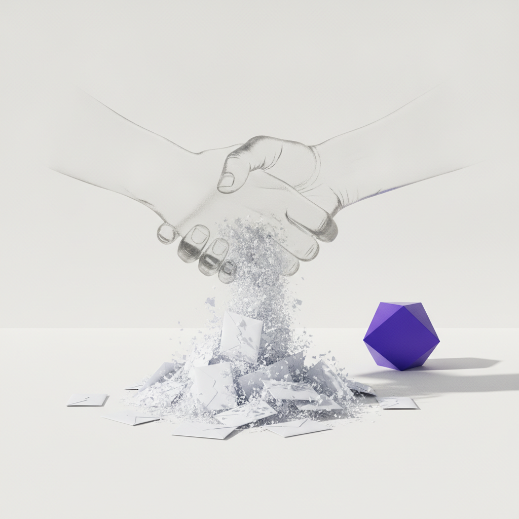 A handshake pours out tiny envelopes and shredded fragments onto a pile, next to a purple geometric shape.