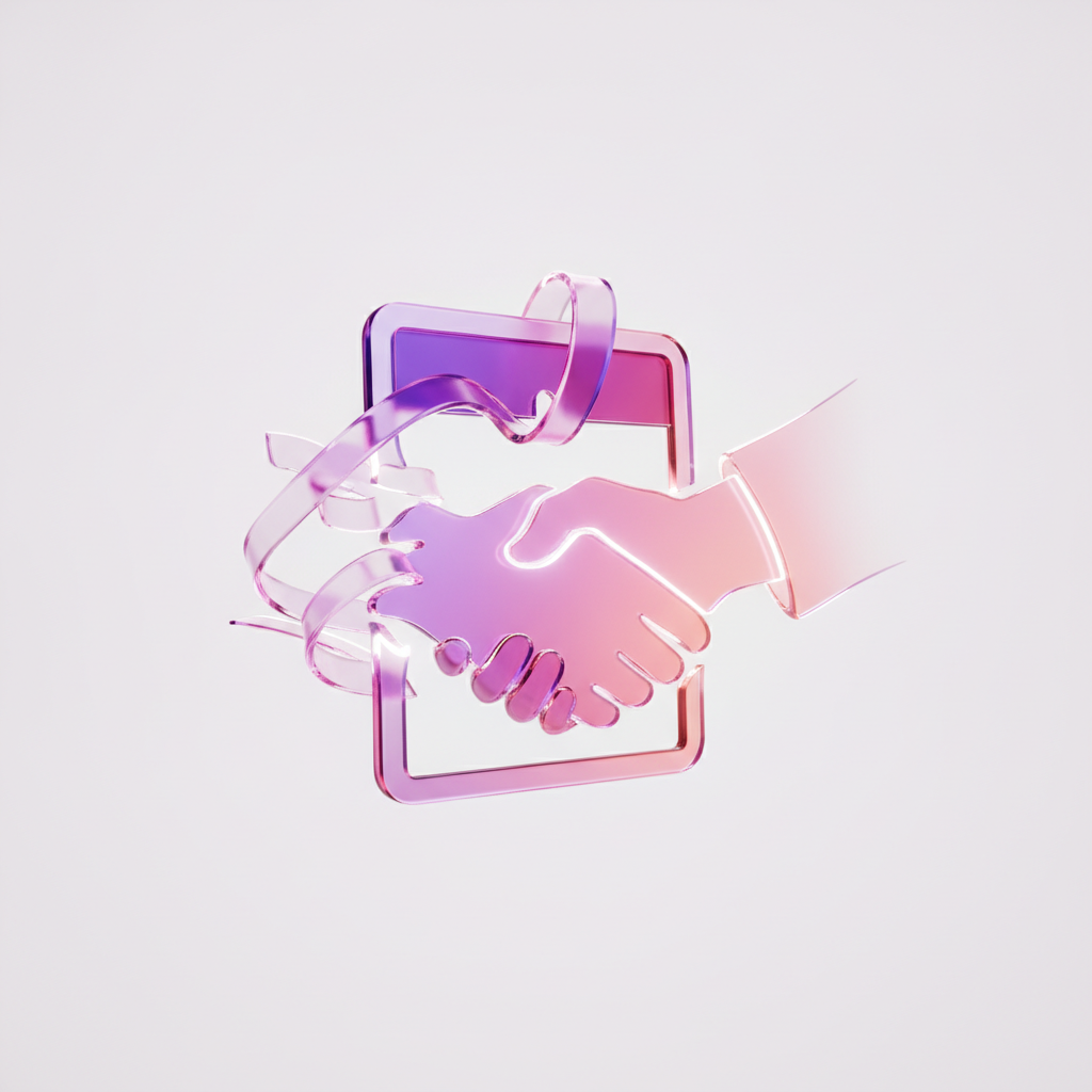 Translucent pink and purple handshake intertwined with a glowing contact profile frame and swirling ribbons