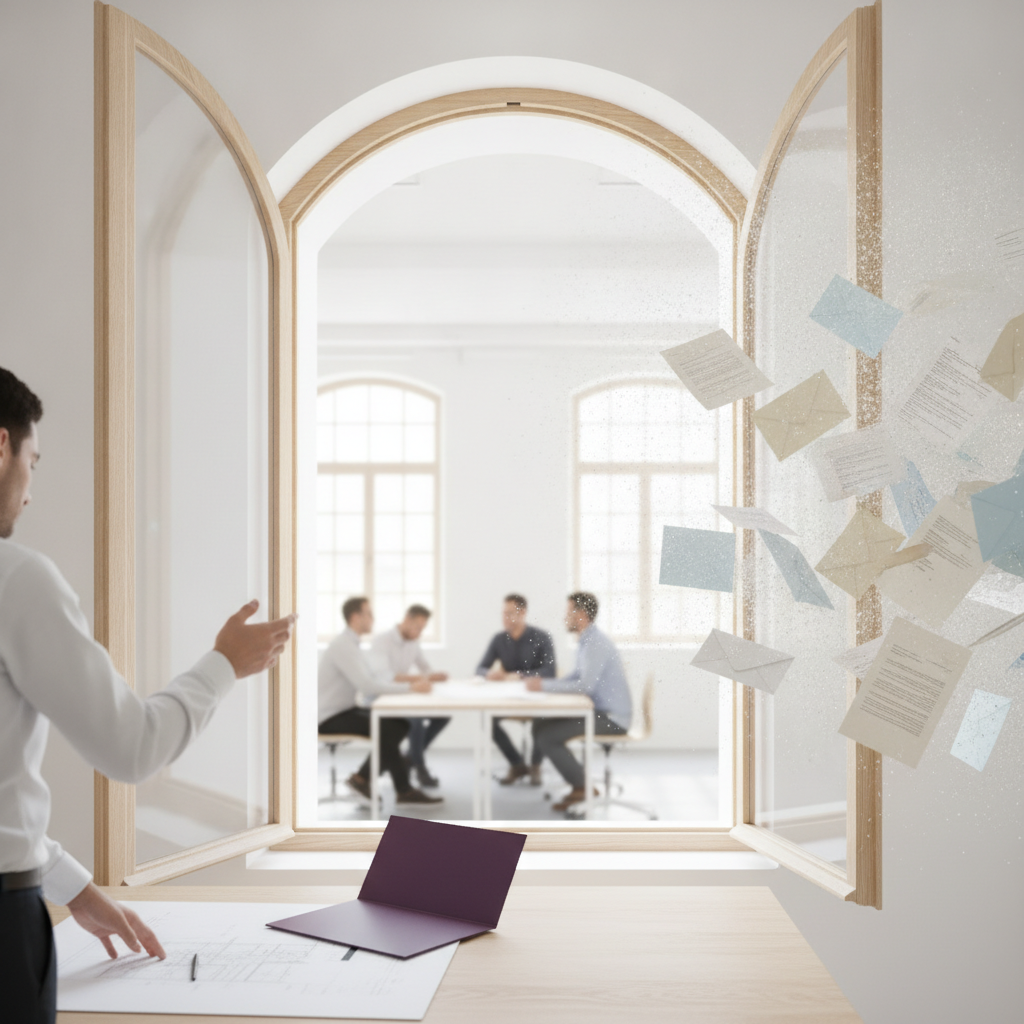 Flying papers distract a man at a desk from a blurred meeting, symbolizing admin tasks stealing time from connection