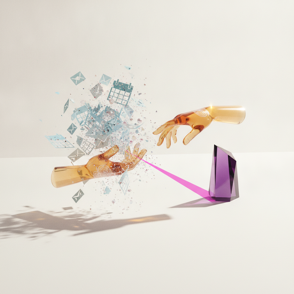 Translucent amber hands reaching, one dissipating digital tasks (emails, calendars) with a pink beam connected to a purple crystal