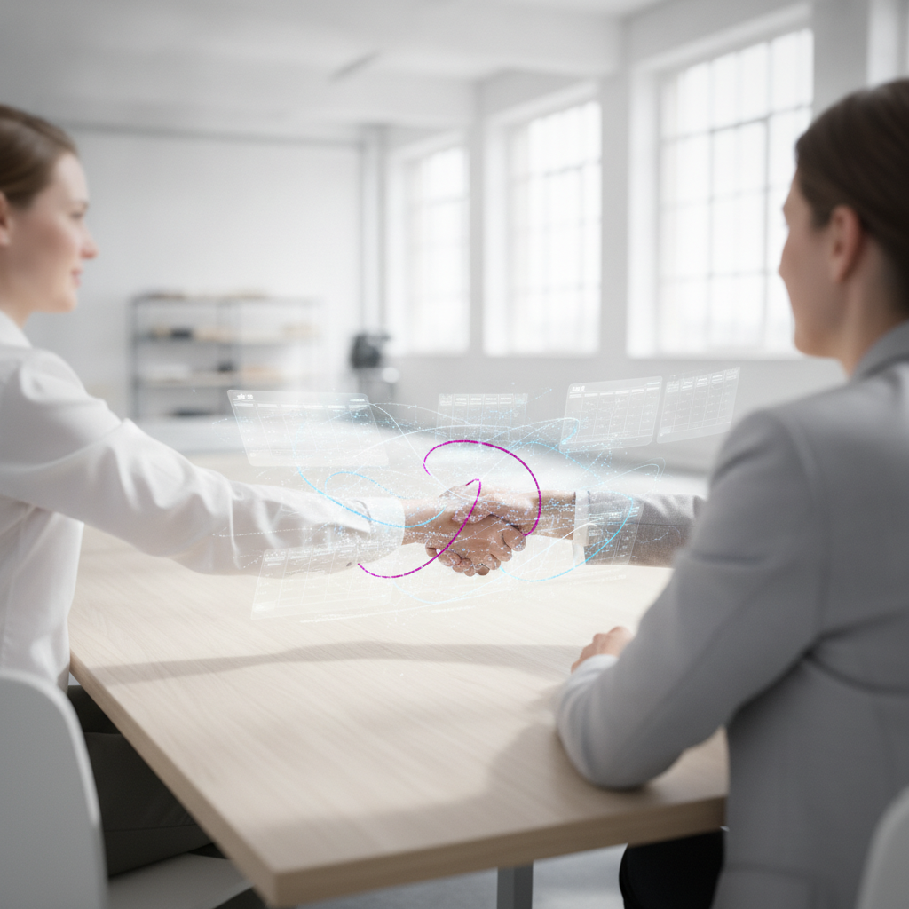 Two people shake hands with a glowing digital network and holographic data overlay