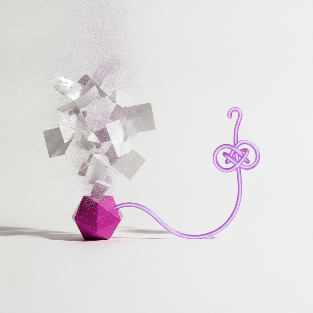 Magenta faceted object releases silver fragments dissolving into purple glitter, connected by a knotted tube