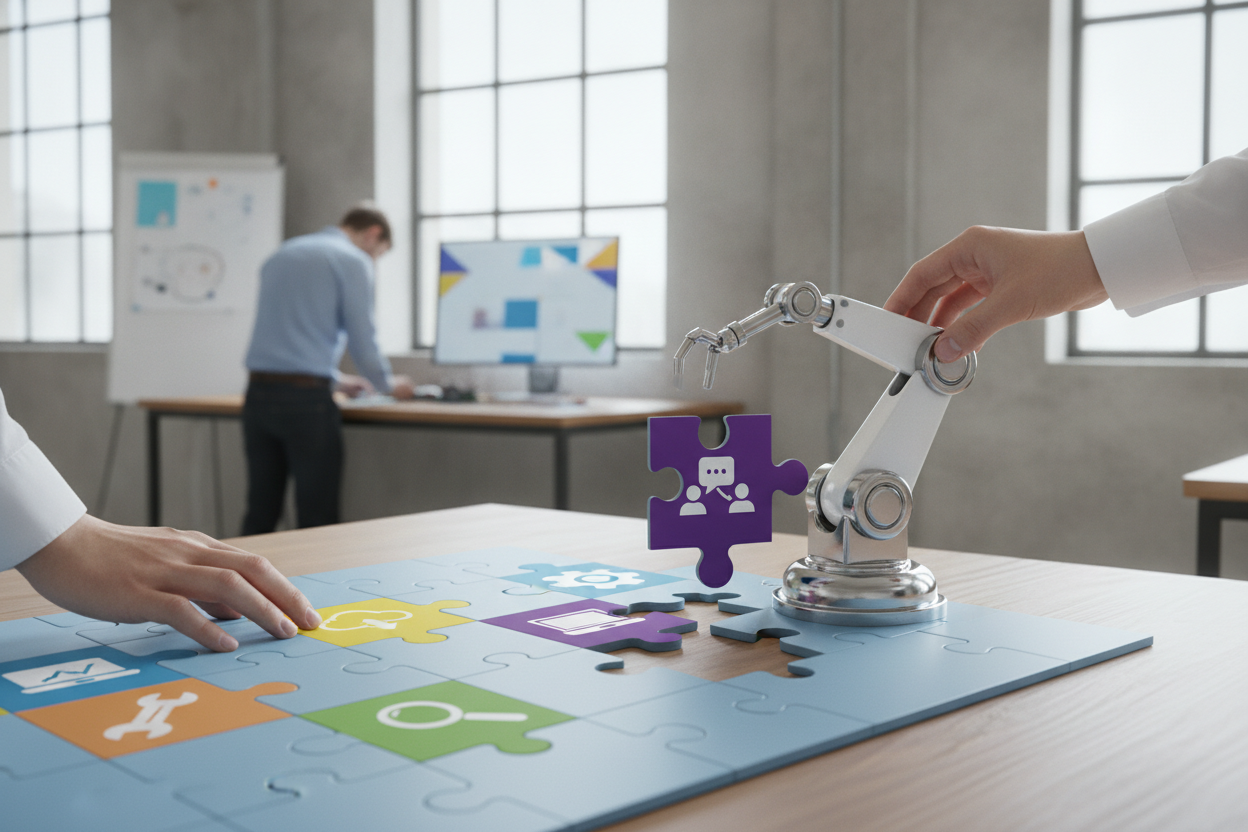 Robotic and human hands place colorful puzzle pieces with app icons, including a team chat symbol, on a desk